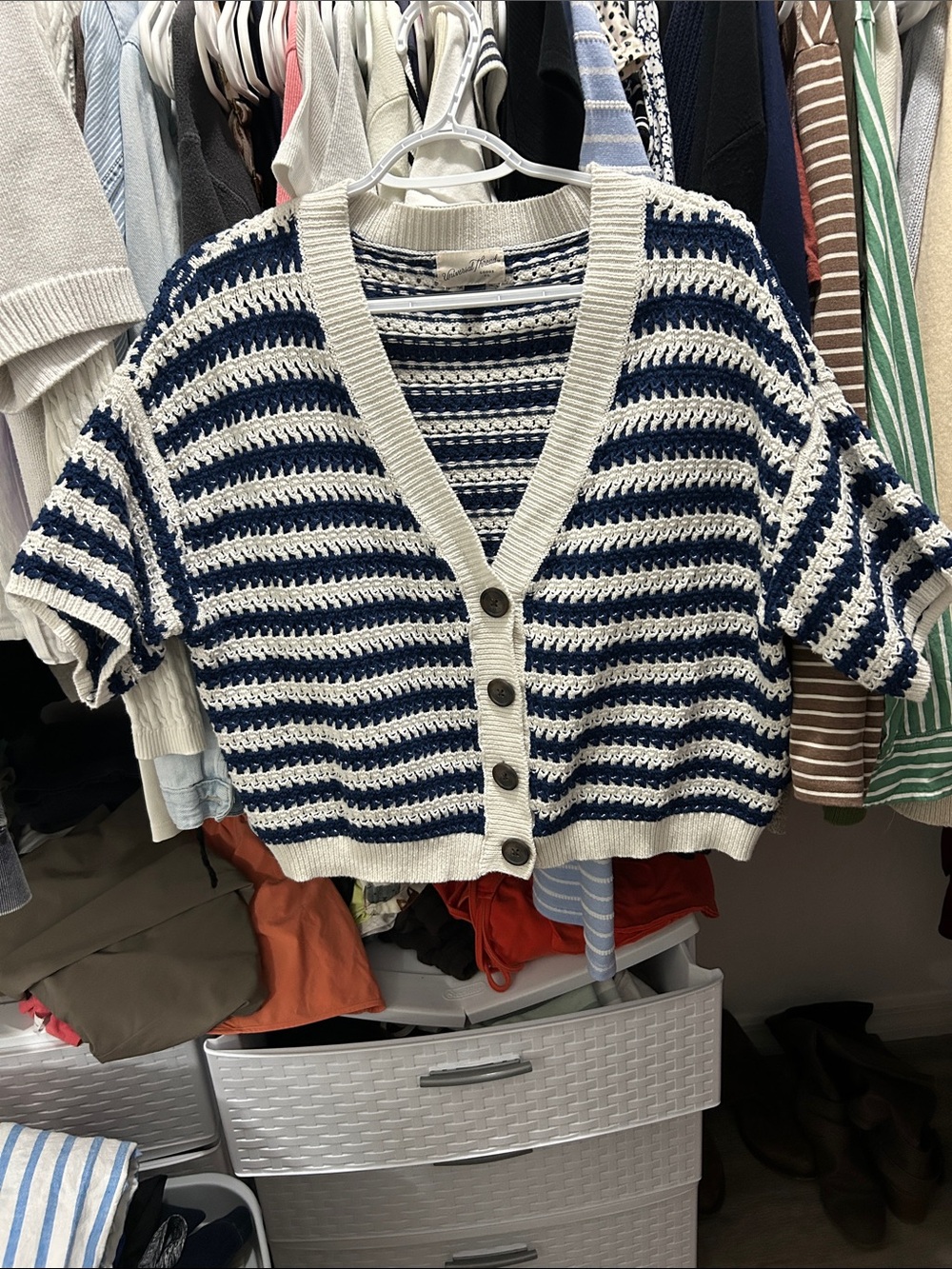 Universal Thread Striped Navy and Cream Cropped Button Cardigan Sweater